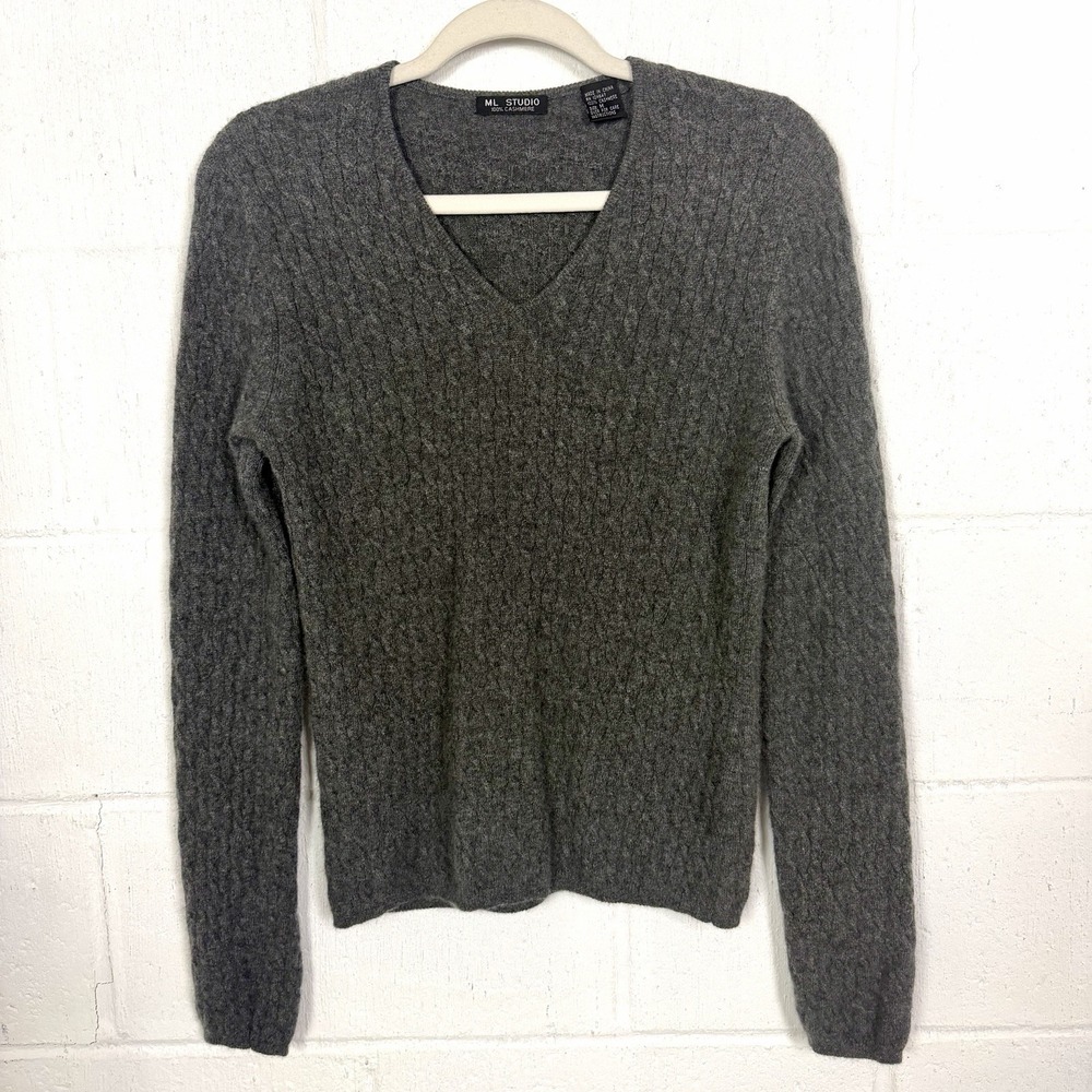 ML Studio 100% Cashmere Sweater Gray Cableknit Old Money Luxury Elevated Paris M